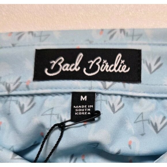 Bad Birdie Shirt Mens Medium Performance Golf Polo AOP Light Blue White Flamingo - Picture 2 of 8